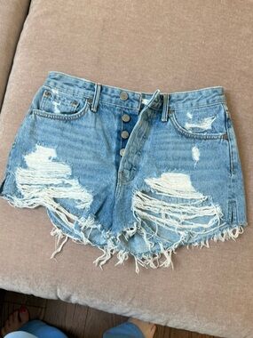 GRLFRND Light Blue Distressed Button-Fly Denim Shorts